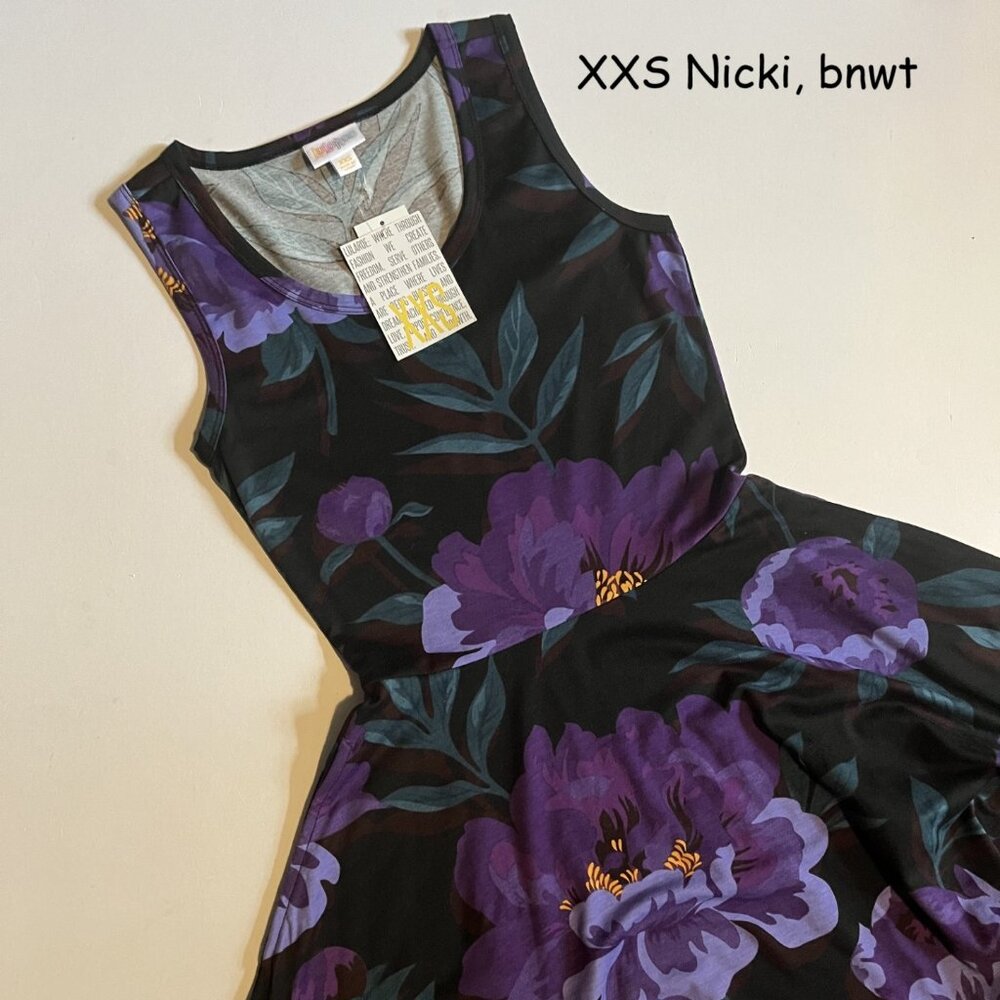 XXS Lularoe Nicki dress, black with purple flowers